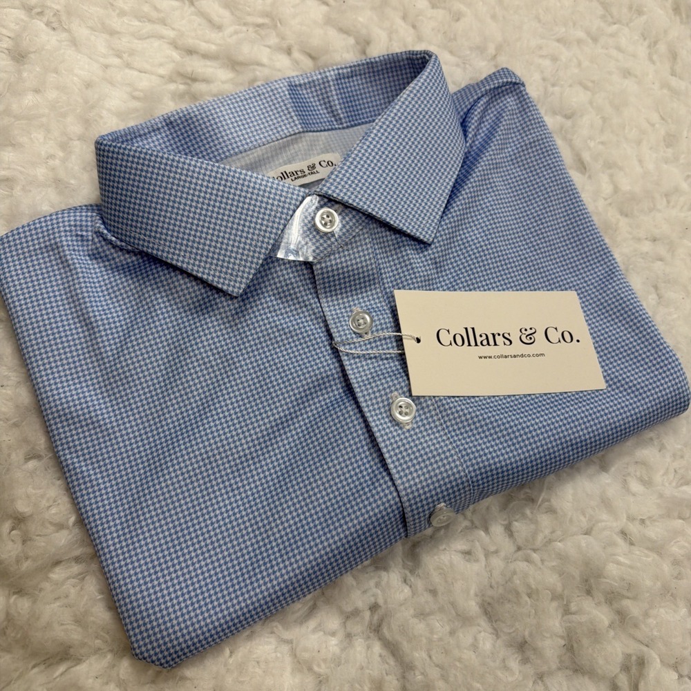 COLLARS & CO. Firm Dress Collar Polo Shirt Mens Large Tall LT Blue White AOP New